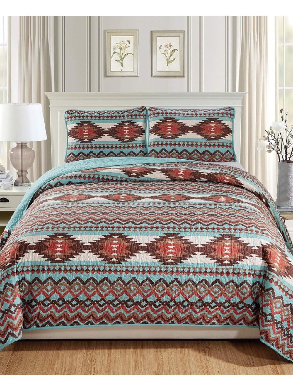 Rustic Southwestern Quilt Stitched Western Bedspread Bedding Set with Tribal Nat